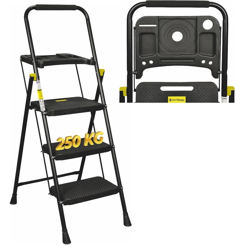 Escabeau a' 3 Marches, Tabouret Pliant avec Large Pe'dale Antide'rapante, E'chelle Stable en Acier, Poigne'e Confortable, Tabouret Escabeau en Acier