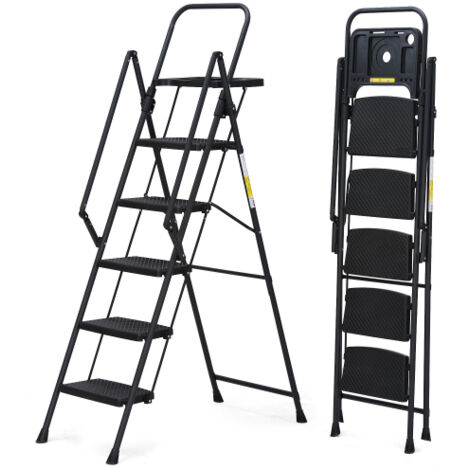 Escabeau à 5 marches, escabeau pliable avec plateau à outils et larges pédales antidérapantes, échelle en acier robuste, rampes pratiques, escabeau portable en acier léger