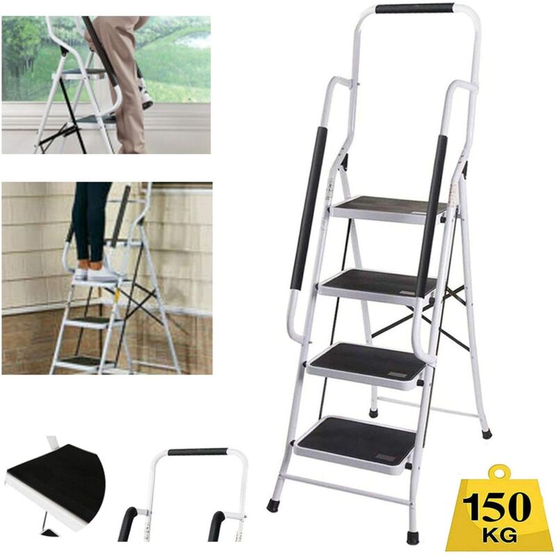Escabeau de main courante robuste en acier 4 marches avec main courante pliante échelle portable avec tapis antidérapant échelle pour garage maison