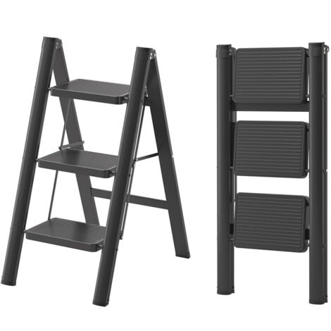 FREOSEN Escabeau Échelle Pliante Marche Pied Pliable à 3 Étages avec Coussins en Caoutchouc Antidérapants Capacité de Charge 150KG Noir
