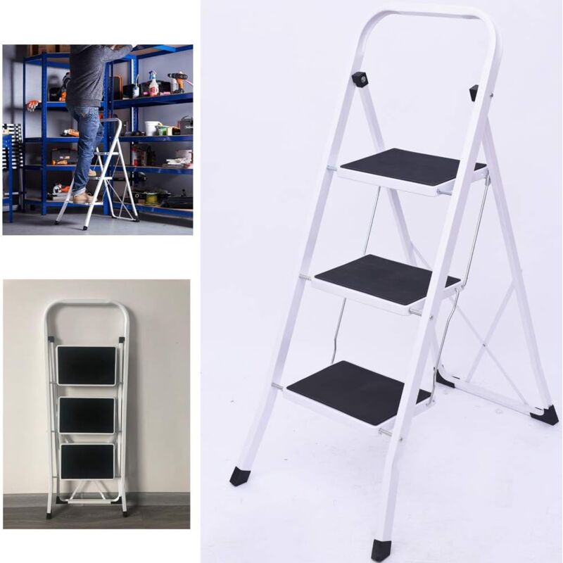 Lucn - Escabeau escabeau en acier 3 marches escabeau escabeau escabeau pliable escabeau pliant, certificat tüv Rheinland gs, max.Capacité de charge
