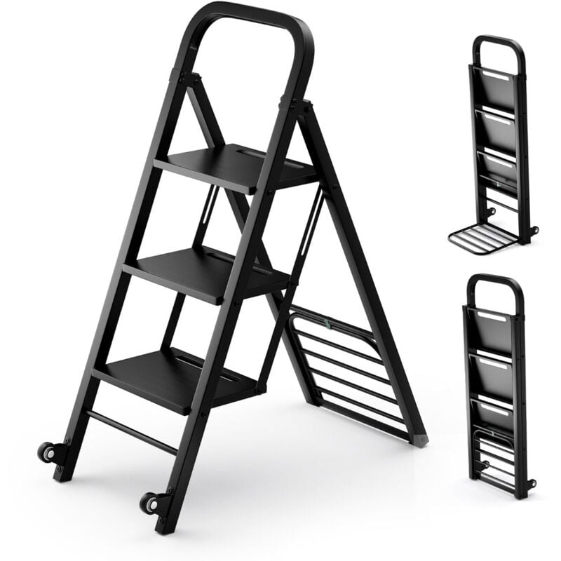 Helloshop26 - Escabeau et diable 2 en 1 pliant en métal échelle à 3 marche avec roues capacité echelle 200 kg capacité diable 250 kg noir