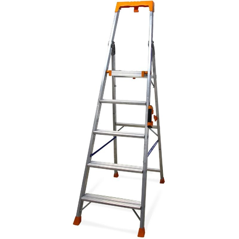 Escabeau Super Pro 5 Marches (Hauteur d'accès au travail 3,14M), Marchepied, Échelle Professionnelle, Poignée de Transport, Porte Outils abs - Keli