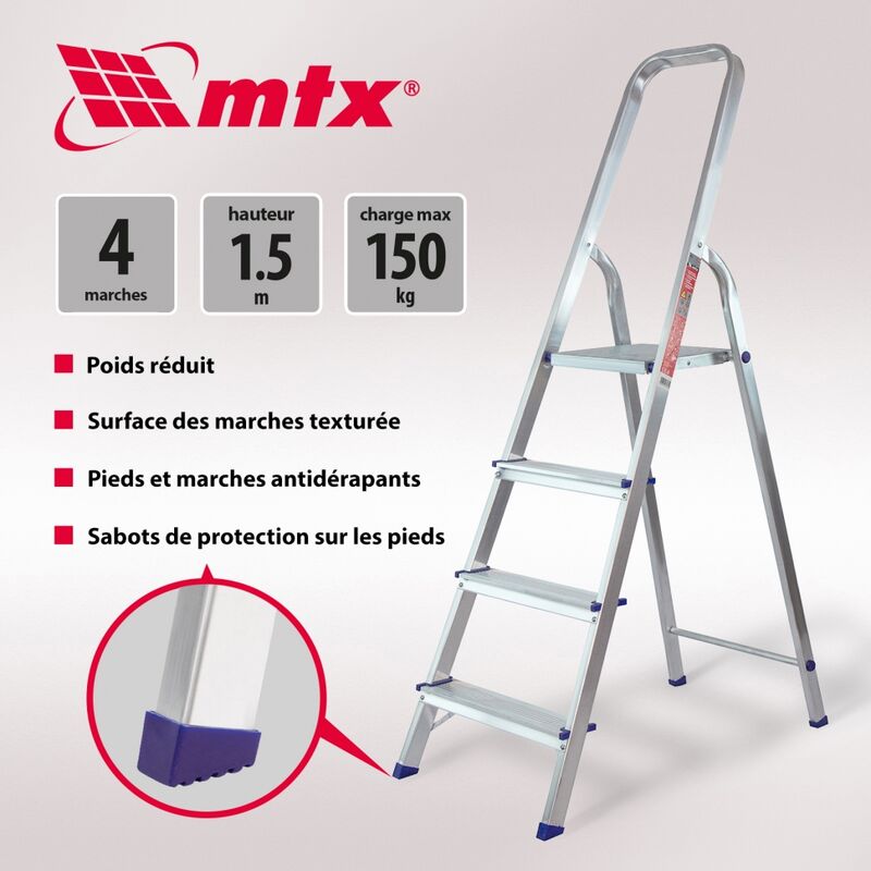 

Escalera de tijera 4 peldaños, aluminio, 150 kg - MTX