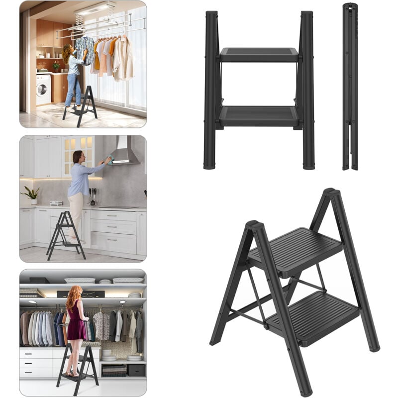 Escabeau pliable 2 marches Escabeau escabeau pliant avec large pédale antidérapante Escabeau ménager multifonctionnel Escabeau jusqu'à 250KG Noir