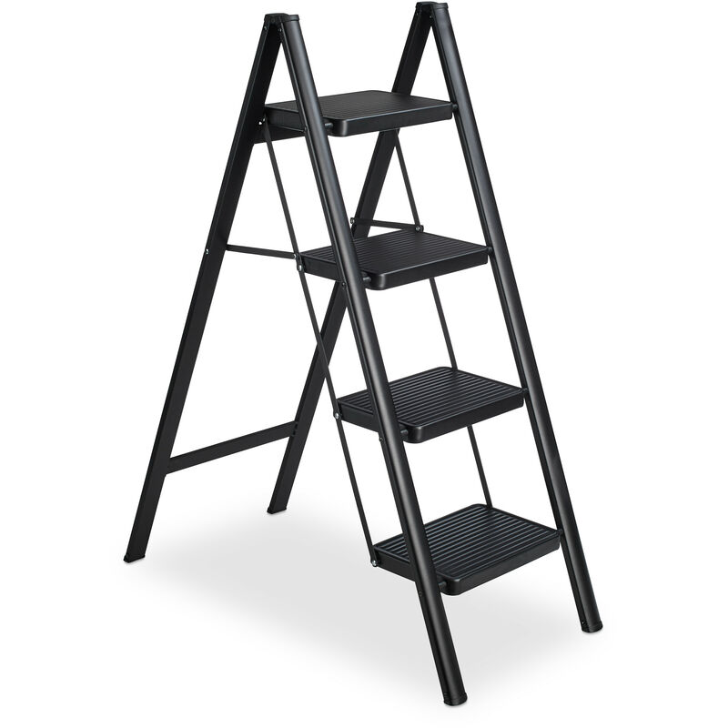 Escabeau pliable, 4 marches, marchepied léger en acier, supporte jusqu'à 120 kg, HxLxP: 109 x 42 x 84 cm, noir - Relaxdays