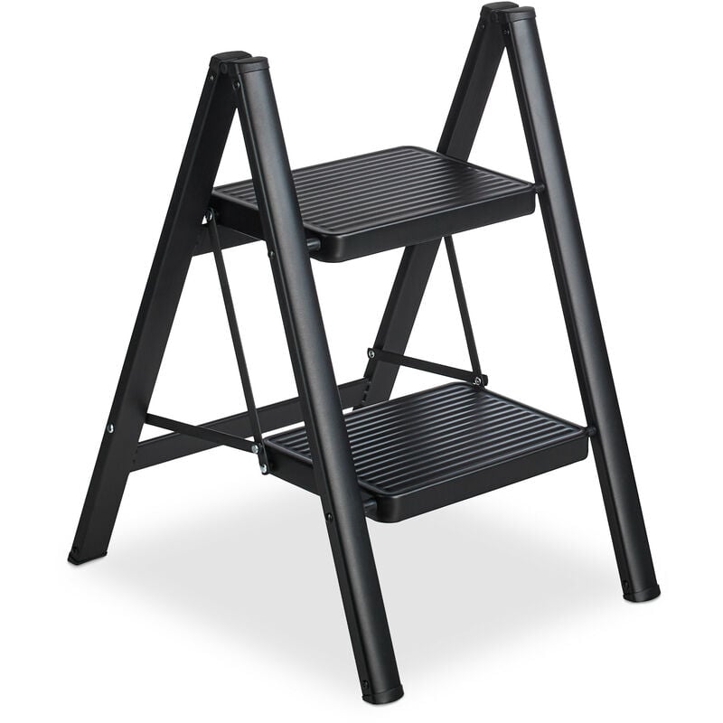 Escabeau pliable, 2 marches, marchepied léger en acier, supporte jusqu'à 120 kg, HxLxP : 60 x 42 x 48 cm, noir - Relaxdays