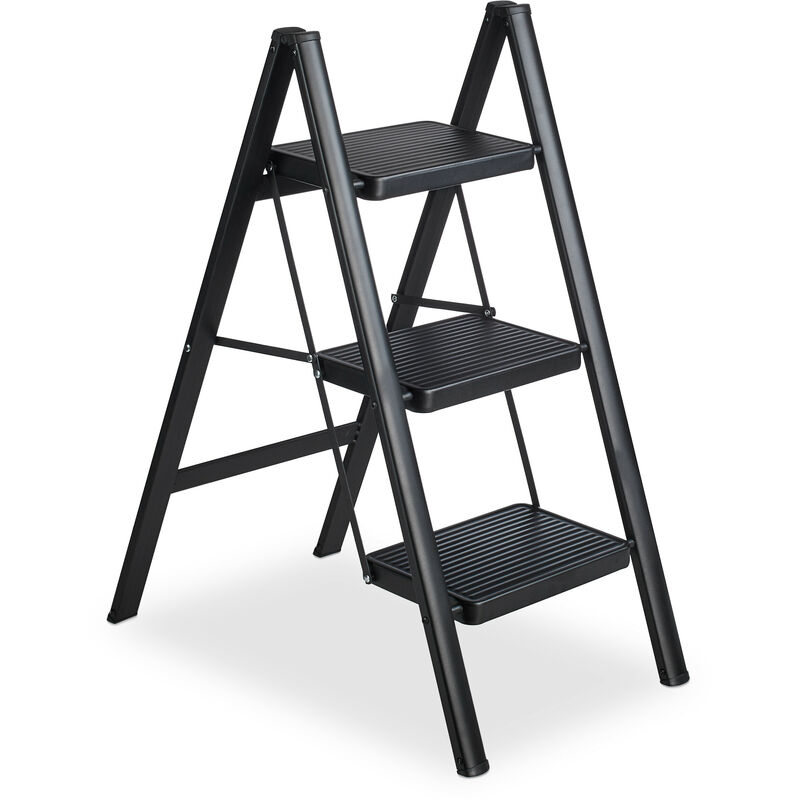 Escabeau pliable, 3 marches, marchepied léger en acier, supporte jusqu'à 120 kg, HxLxP : 85 x 42 x 66 cm, noir - Relaxdays