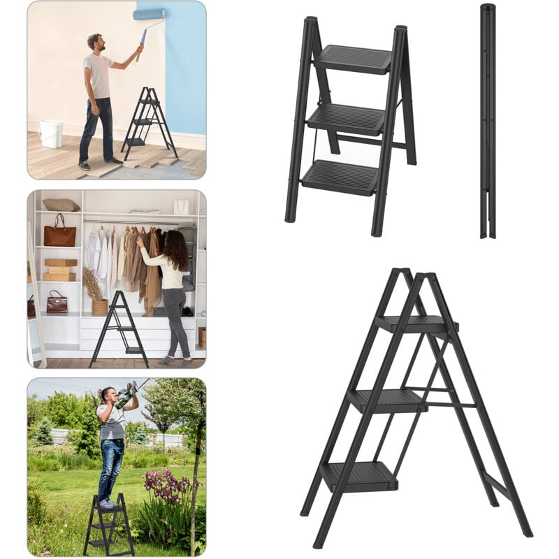 Escabeau pliable 3 marches Escabeau escabeau pliable avec large pédale antidérapante Escabeau ménager multifonctionnel Escabeau jusqu'à 250KG Noir