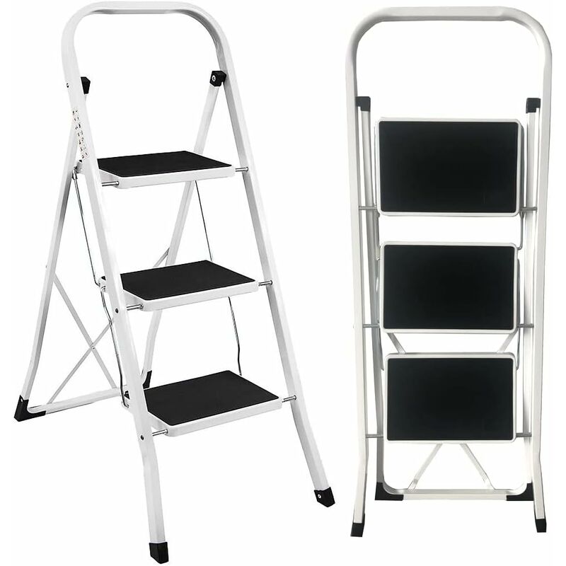 Escabeau pliable à 3 marches en acier antidérapant - Facile à transporter et à ranger - Pour la cuisine, la maison, le bureau, la peinture - Échelle