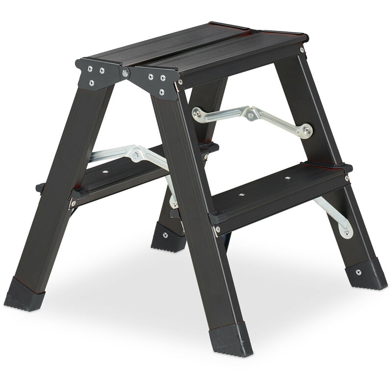 Escabeau pliable, aluminium, HxLxP: 39 x 38 x 40 cm, supporte jusqu'à 120 kg, 2 côtés utilisables, noir - Relaxdays