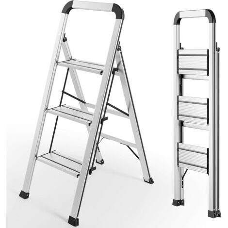 Escabeau pliable en aluminium avec main courante,Charge maximale : 150 kgRésistant à la rouille-Antidérapant-Multifonction-(3 marches,Argent)