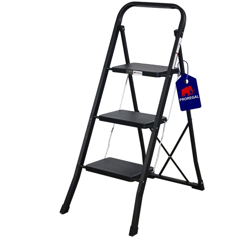 Escabeau pliant avec certification tüv/gs 3 marches avec surface striée HxLxP 103x47x70 cm Capacité de charge 150kg Acier Noir mat