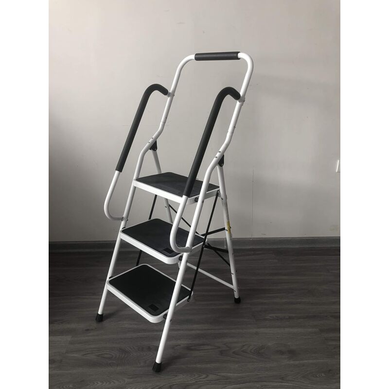 Escabeau Pliant en 3 Marches, Échelle Antidérapante avec Main Courante de Sécurité, Robuste et Large Pédale, Multi-Usage pour Ménage et Bureau,