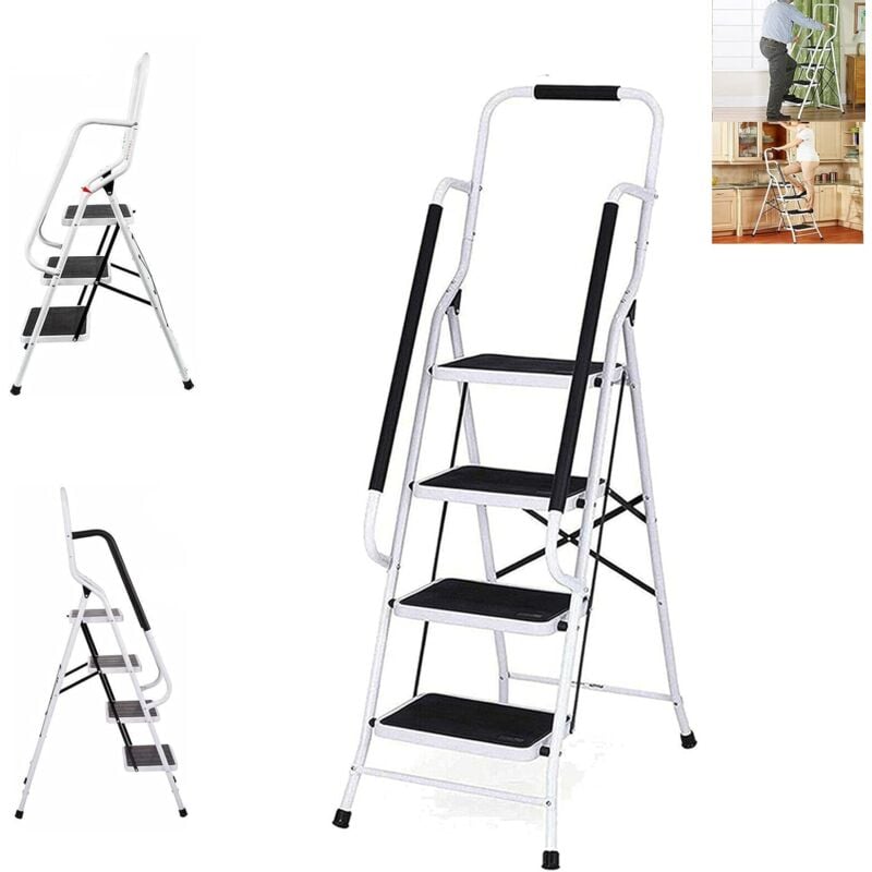 Escabeau Pliant en 4 Marches, Échelle Antidérapante avec Main Courante de Sécurité, Robuste et Large Pédale, Multi-Usage pour Ménage et Bureau,