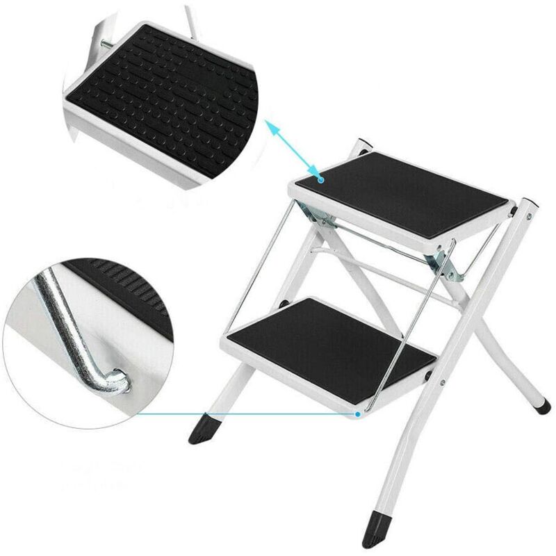 Lucn - Escabeau pliant en acier robuste (jusqu'à 150 kg) échelle portable à 2 niveaux avec marches nervurées antidérapantes mini escabeau léger pour