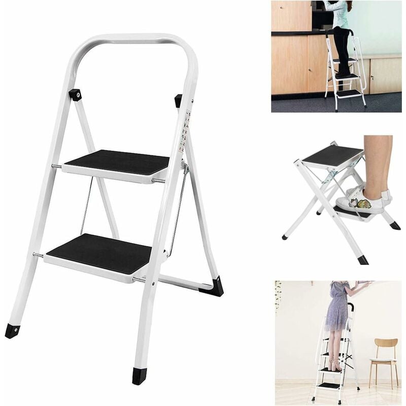 Escabeau pliant, escabeau pliable à 2 niveaux, large marches antidérapantes, échelle pliante portable en acier, escabeau léger, charge jusqu'à 150 kg