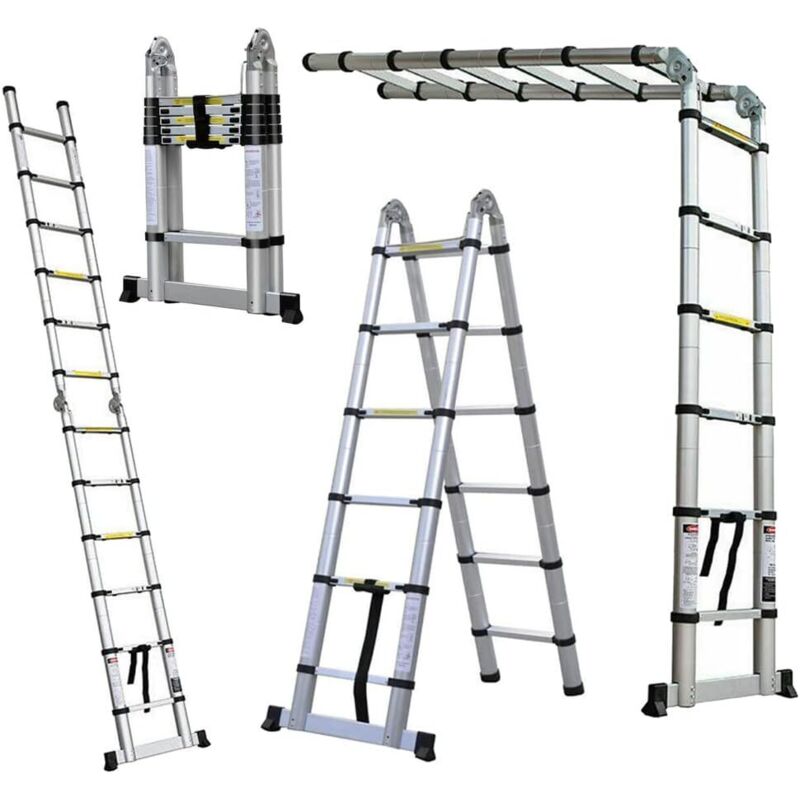 Lucn - Escabeau pliant, escabeau télescopique, escabeau télescopique, pliable, en Aluminium, Capacité de charge maximale 150 kg (1,9 m + 1,9 m)