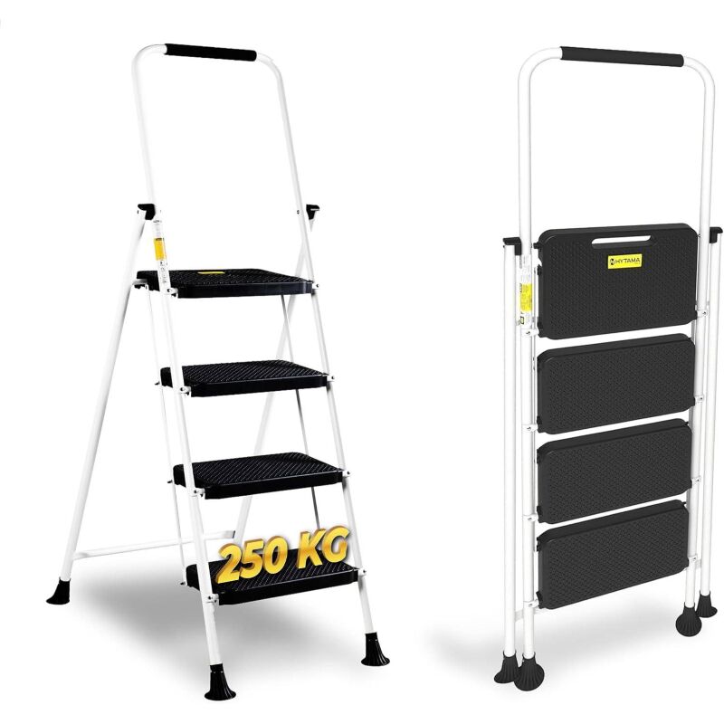 Escabeau Pliant HYTAMA TOOLS a' 4 Marches, Tabouret Escabeau en Acier Le'ger et Portable, Blanc