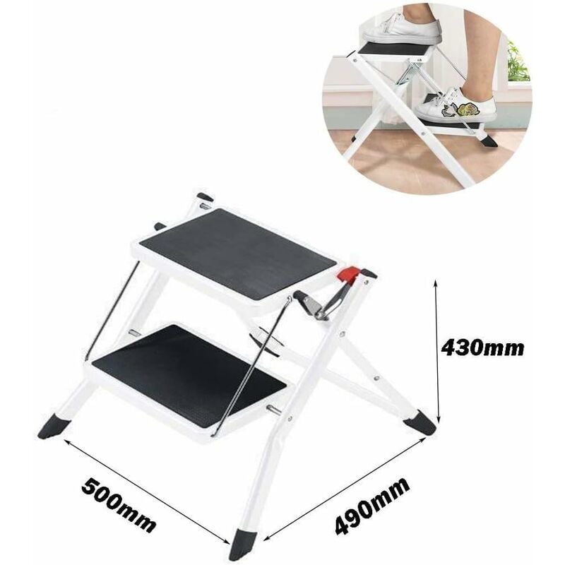 Escabeau Pliant Portatif de Tabouret Robuste à 2 Marches avec Pédales Antidérapantes en Caoutchouc Capacité de Charge Maximale 150kg
