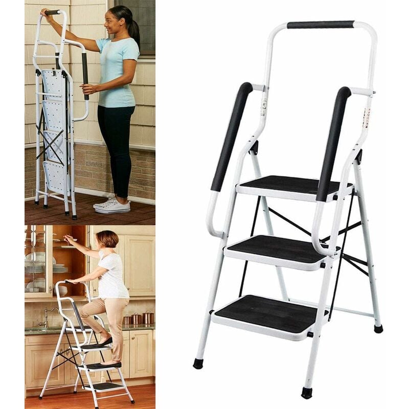 Escabeau portable pliable en acier à 3 marches avec rampe de sécurité, escabeau léger et robuste, capacité de charge de 150 kg, dhl