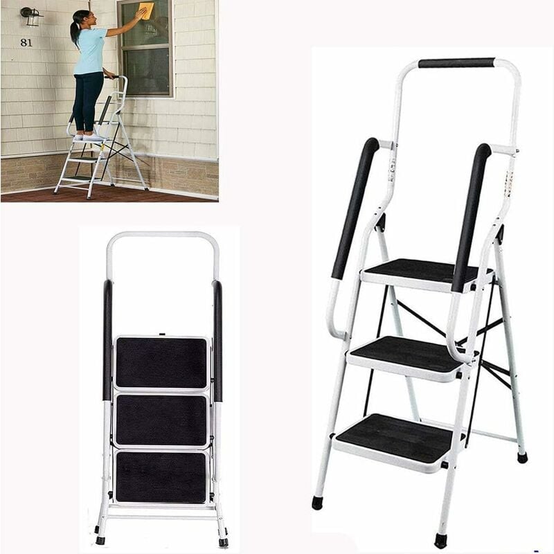 Escabeau portable pliable en acier à 3 marches avec rampe de sécurité, escabeau léger et robuste, capacité de charge de 150 kg pour la