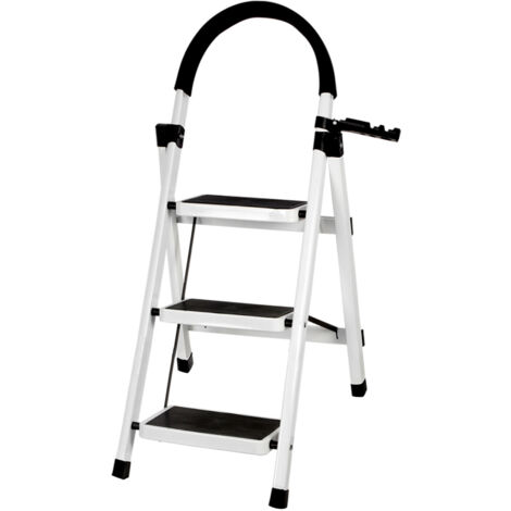 Escabeau professionnel 3 Marches Pliant, Escabeaux Pliant avec Marchepied Antidérapant et Large, avec Poignée, Sécurité - Idéal travaux, peinture, rénovation-Blanc