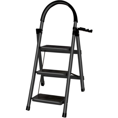 Escabeau professionnel 3 Marches Pliant, Escabeaux Pliant avec Marchepied Antidérapant et Large, avec Poignée, Sécurité - Idéal travaux, peinture, rénovation-Noir