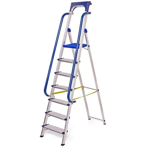 Escabeau Secure 7 marches robuste en aluminium renforcé, avec rampes de sécurité et tablette porte-outils amovible, hauteur de plateforme 158cm, charge maximale 150kg Hoström