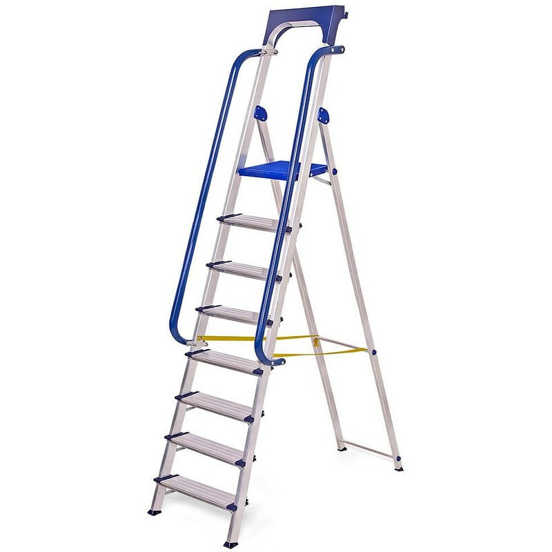 Escabeau 8 marches Secure pro, aluminium renforcé, sécurisé avec rampes, tablette porte-outils, hauteur plateforme 182cm, charge 150kg Hostrom