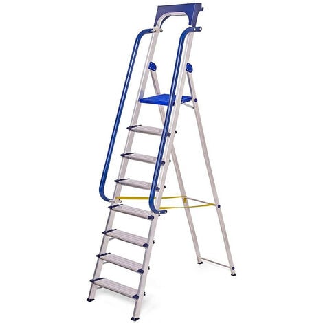 Escabeau Secure 8 marches robuste en aluminium renforcé, avec rampes de sécurité et tablette porte-outils amovible, hauteur de plateforme 182cm, charge maximale 150kg Hoström