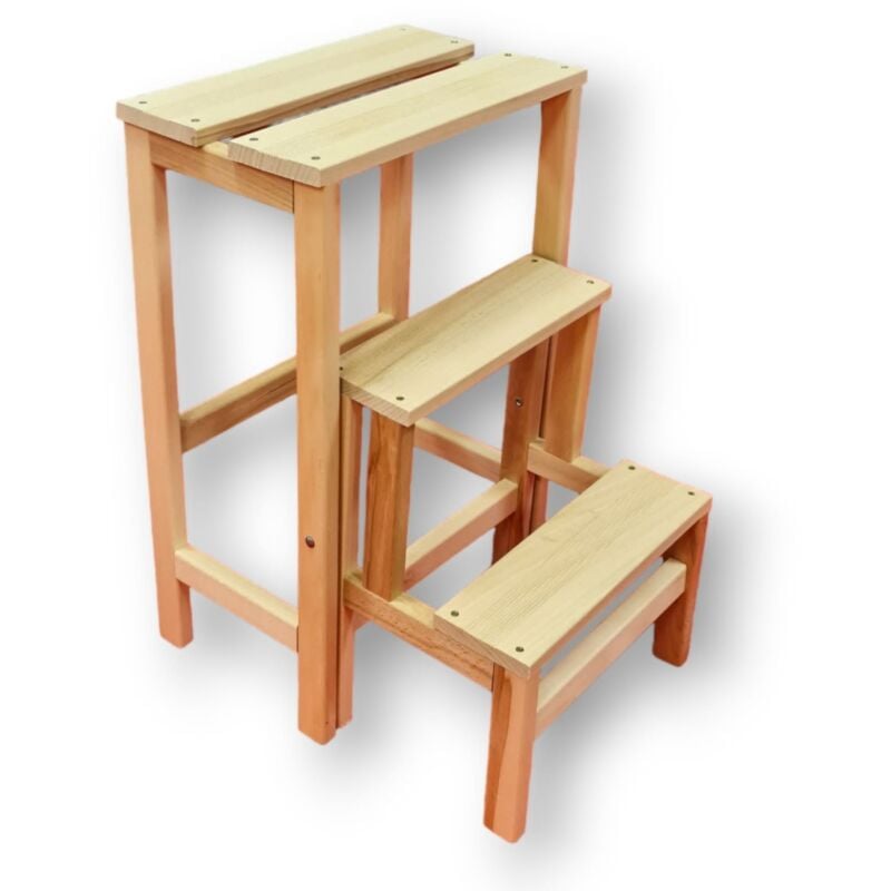 Brixo - Escabeau Tabouret Marchepied 3 marches pliantes Bois massif 2en1