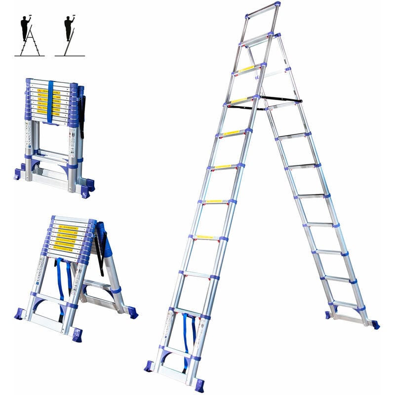 Escabeau 11 marches telescopique EXTENDACT11, Echelle telescopique 3.2m+2.9m, escabeau pliable, Stabilisateur, h max travail 4.7m, Garantie 5 ans