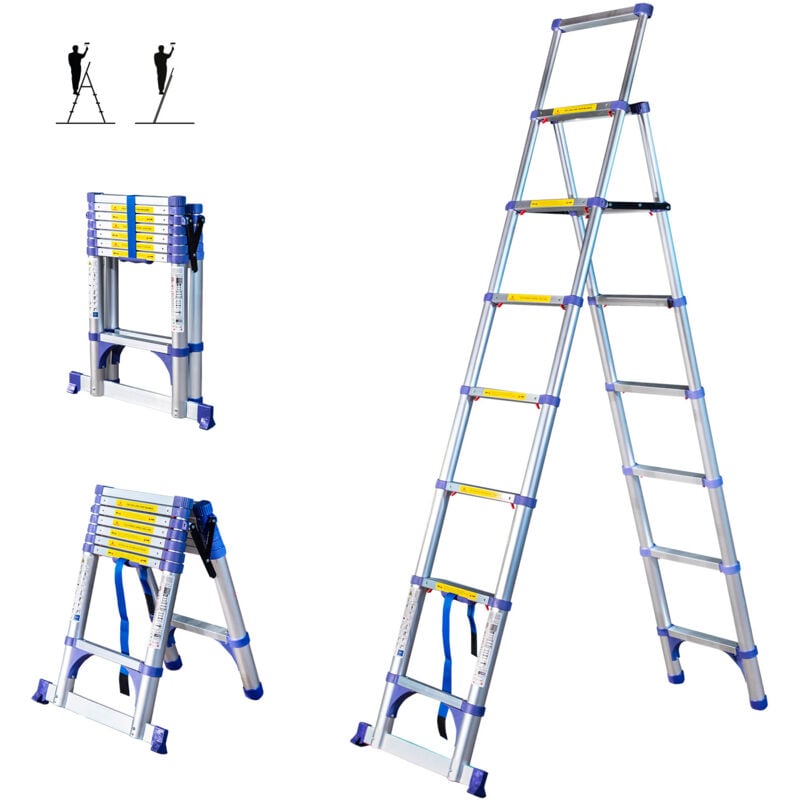 Escabeau 8 marches telescopique EXTENDACT8, Echelle telescopique 2,3 m+2m, escabeau pliable télescopique, h max travail 3,8m, Garantie 5 ans, Hostrom