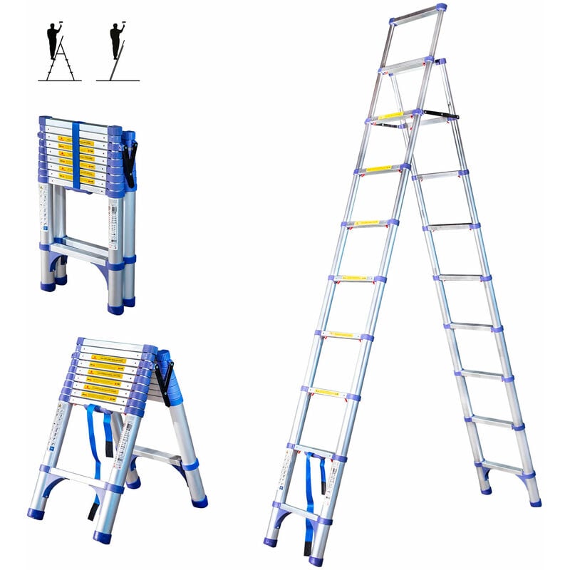Escabeau 10 marches telescopique EXTENDACT10, Echelle telescopique 2.9m+2.6m, escabeau pliable télescopique, h max travail 4,4m, Garantie 5ans Hostrom