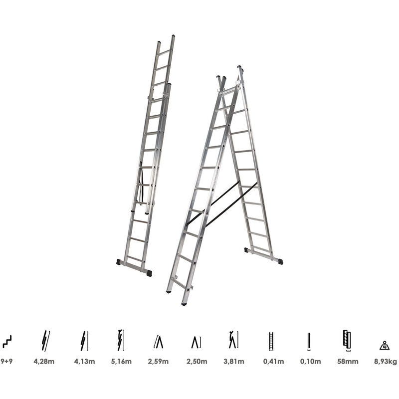 

Escalera Aluminio 2 Tramos 9+9 Peldaños. Plegable, Antideslizante, Resistente