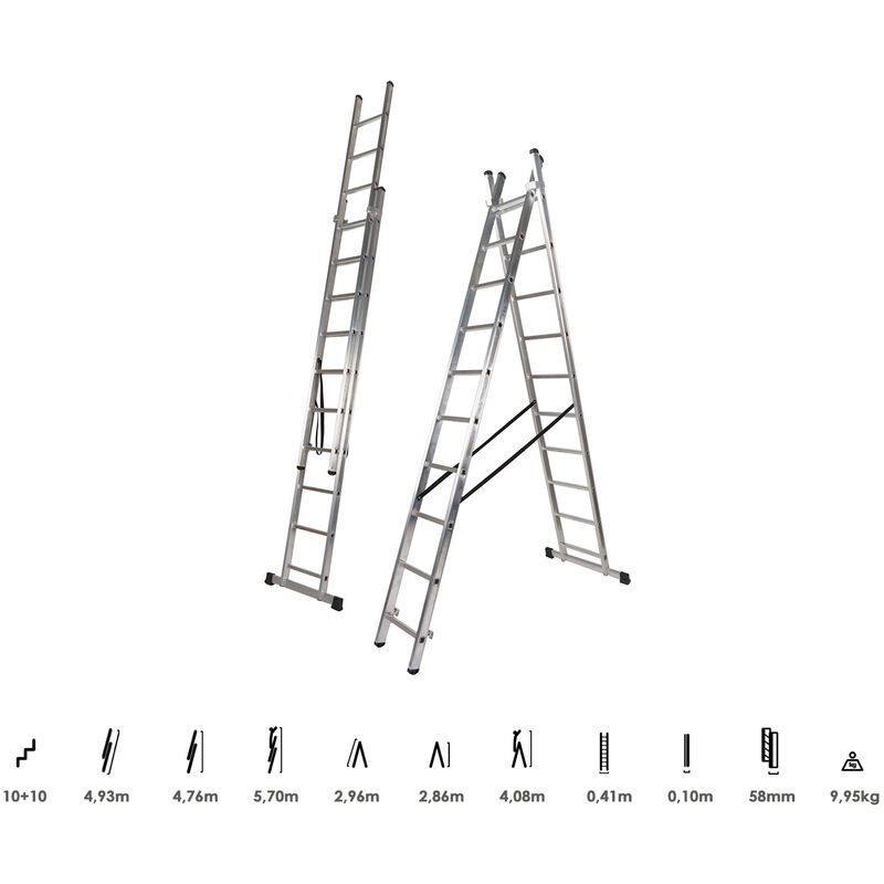 

Escalera Aluminio 2 Tramos 10+10 Peldaños. Plegable, Antideslizante, Resistente