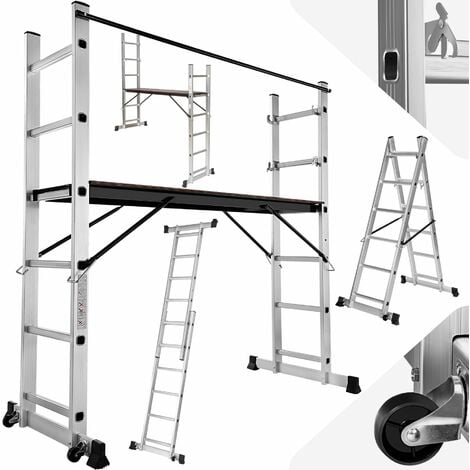 Escalera de aluminio multiusos - escalera telescópica con ruedas, escalera con andamio y bisagra de seguridad, escalera extensible para taller - plata - plata