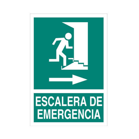 Escalera de Emergencia derecha, cartel de texto y pictograma                                                          297X210