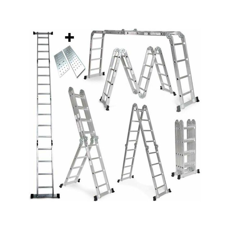 Grandmaster - Escalera De Aluminio Plegable 475cm, Escalera Multifuncional 6 En 1, Plataforma Incluida, Carga Máxima 150kg, Diseño Antideslizante,