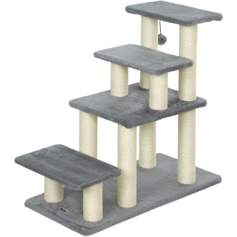 Escalera para Mascotas Ajustable de 3/4 Peldaños Escalera para Gatos con Postes Rascadores Bola Colgante Gris