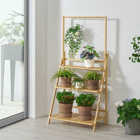 Outsunny Soporte para Plantas de Bambú Escalera para Flores Plegable para  Interior y Exterior 98x37x96,5 cm Natural