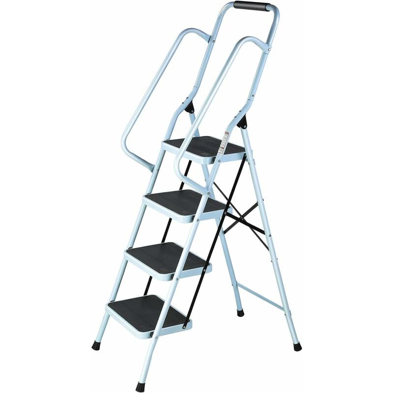 

Escalera plegable de 4 escalones, escalera de acero con escalones antideslizantes de 20 cm de ancho, con pasamanos y pies de goma antideslizantes,