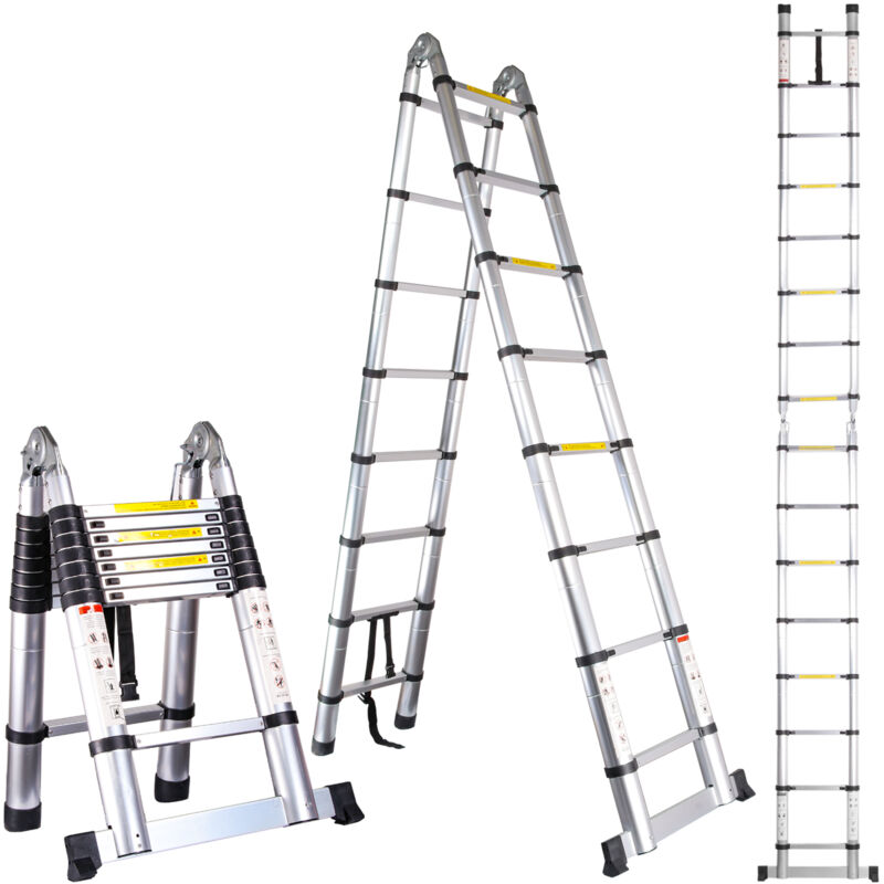 Escalera Plegable Telescópica de Aluminio 3,8m (1,9m + 1,9m), Escalera Plegable Multifunción de Bricolaje 150 Kg de Carga, Plata