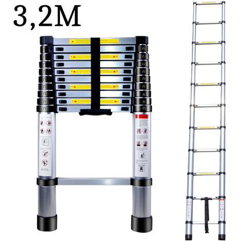 Escalera Telescópica, 3.2M Multiusos de Extensión Telescópica AluMinio, Carga Máxima 150 kg (Plata)