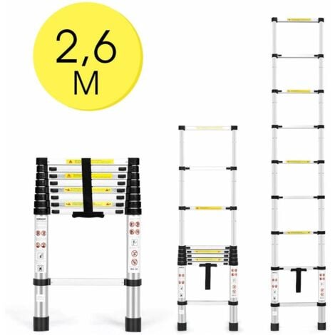 Escalera Telescópica de Aluminio 2,6 Metros 9 Peldaños Escalera Alta Portátil Carga hasta 150KG