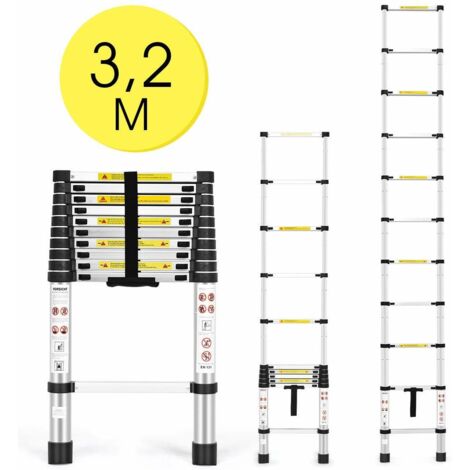 Escalera Telescópica de Aluminio 3,2 Metros 11 Peldaños Escalera Alta Portátil Carga hasta 150KG