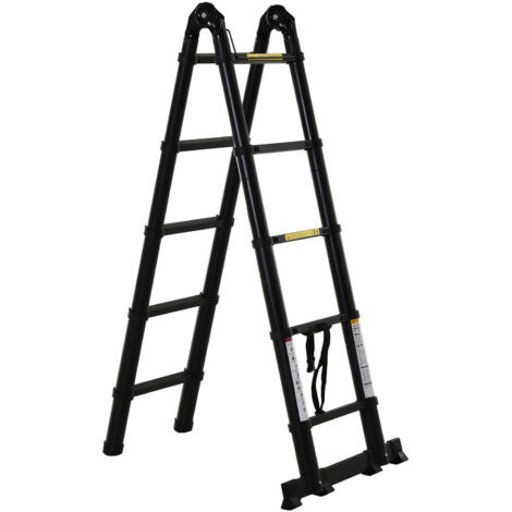 Escalera Telescópica Plagable Multifuncional Estable Marco en A Portátil de 10 Pasos 3 Formas 320x67x7 cm Negro