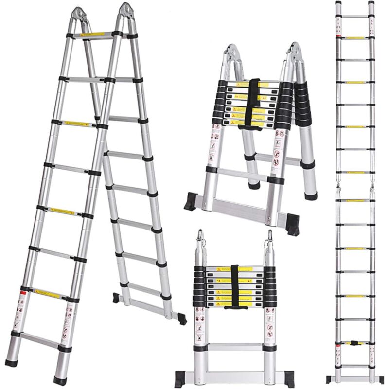 Escalera Telescópica Portátil y Plegable Escalera Retráctil de Aluminio Negro, Carga 150 Kg - 3,8M (1,9M + 1,9M)