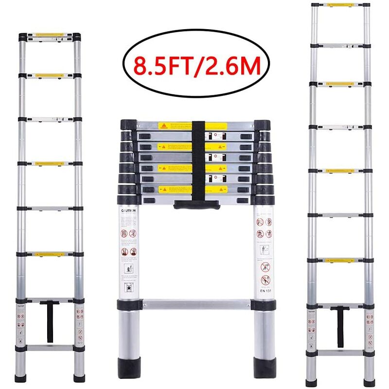 

Jeobest - Escalera telescópica de aluminio de 2,6 m con 9 escalones y longitud máxima de 470 cm, capacidad de carga de 150 kg